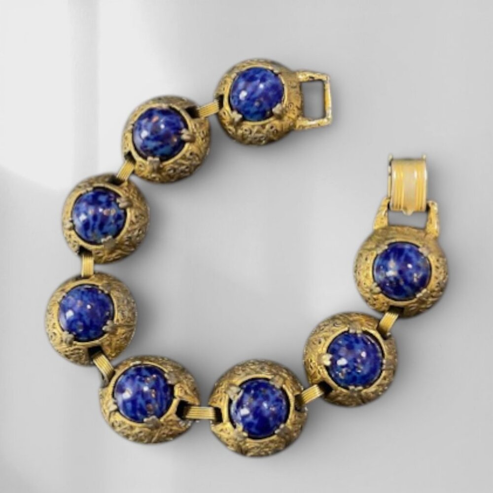 Vintage Czech Lapis Blue Bullet Cabochon Gilt Filigree Link Bracelet 7.5 in